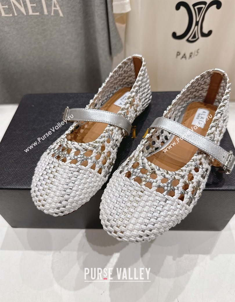 Alaia Woven Ballet Flats White/Silver 2025 AL070902 (syt-250827088)