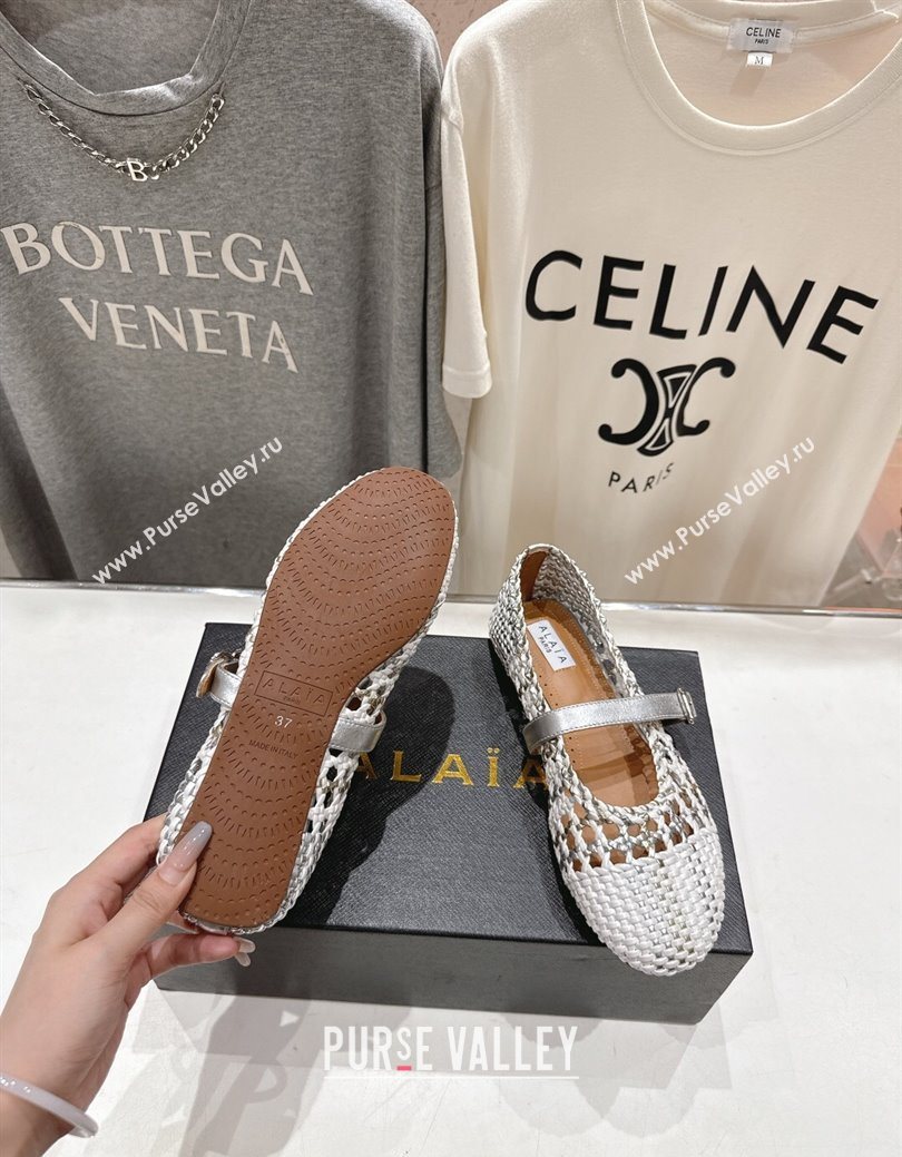 Alaia Woven Ballet Flats White/Silver 2025 AL070902 (syt-250827088)