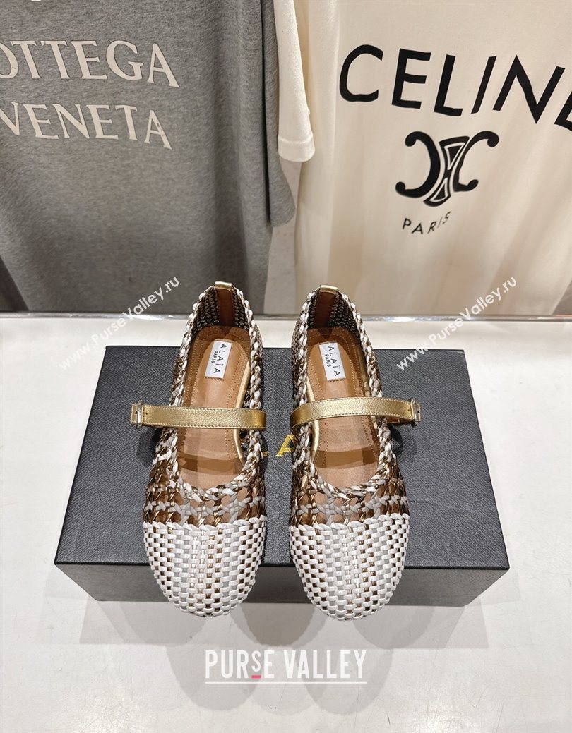Alaia Woven Ballet Flats White/Aged Gold 2025 AL070902 (syt-250827090)