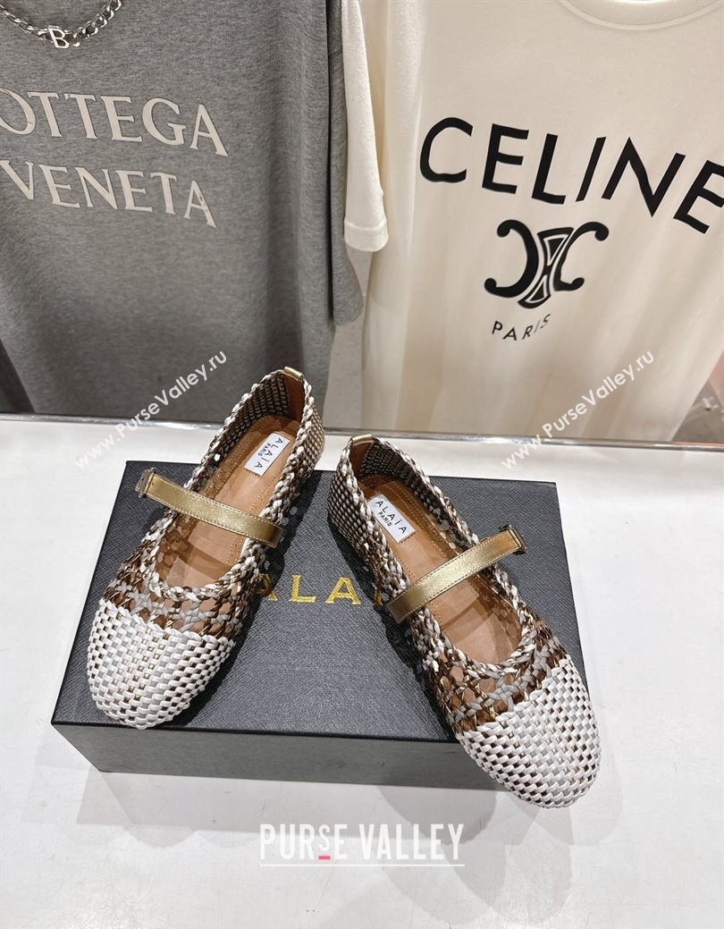 Alaia Woven Ballet Flats White/Aged Gold 2025 AL070902 (syt-250827090)