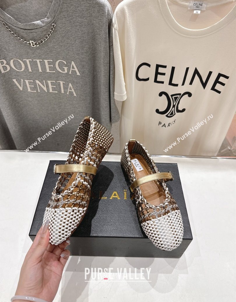Alaia Woven Ballet Flats White/Aged Gold 2025 AL070902 (syt-250827090)