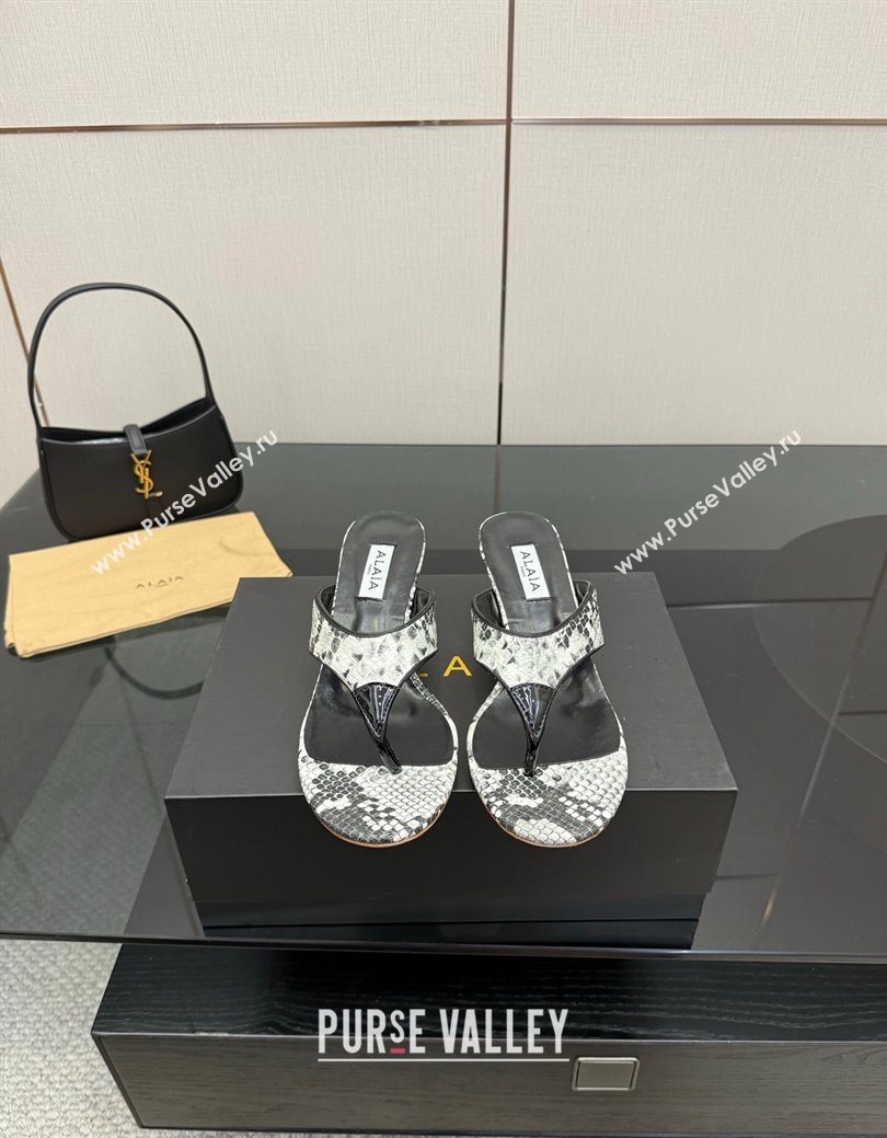 Alaia Heel Thong Slides Sandal 5.5cm in Snakeskin-Like Grey 2025 AL082701 (MD-250827080)