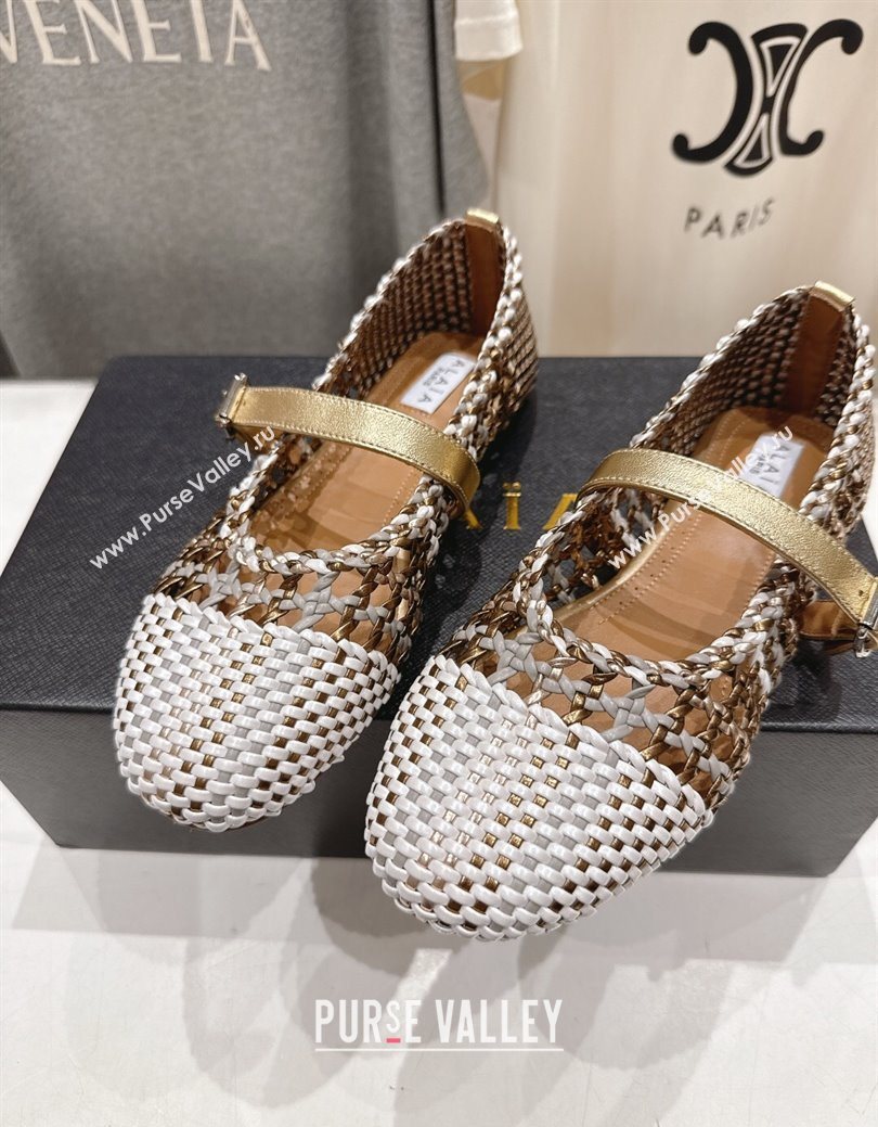 Alaia Woven Ballet Flats White/Aged Gold 2025 AL070902 (syt-250827090)
