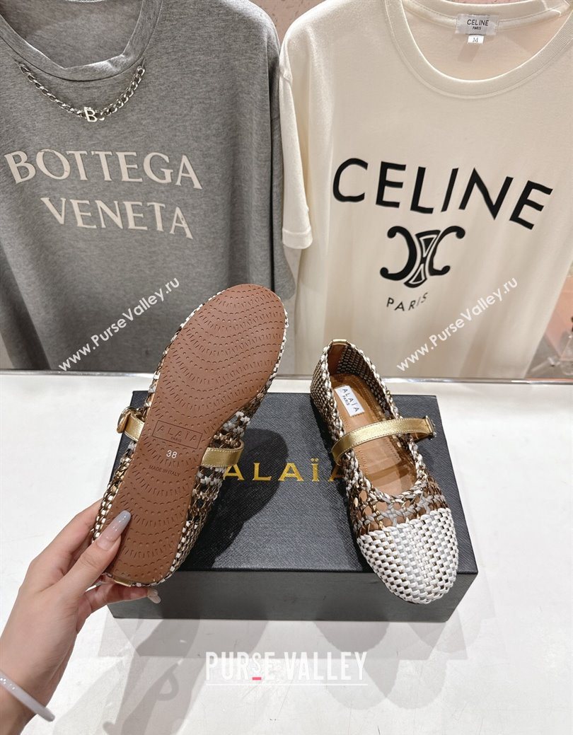 Alaia Woven Ballet Flats White/Aged Gold 2025 AL070902 (syt-250827090)