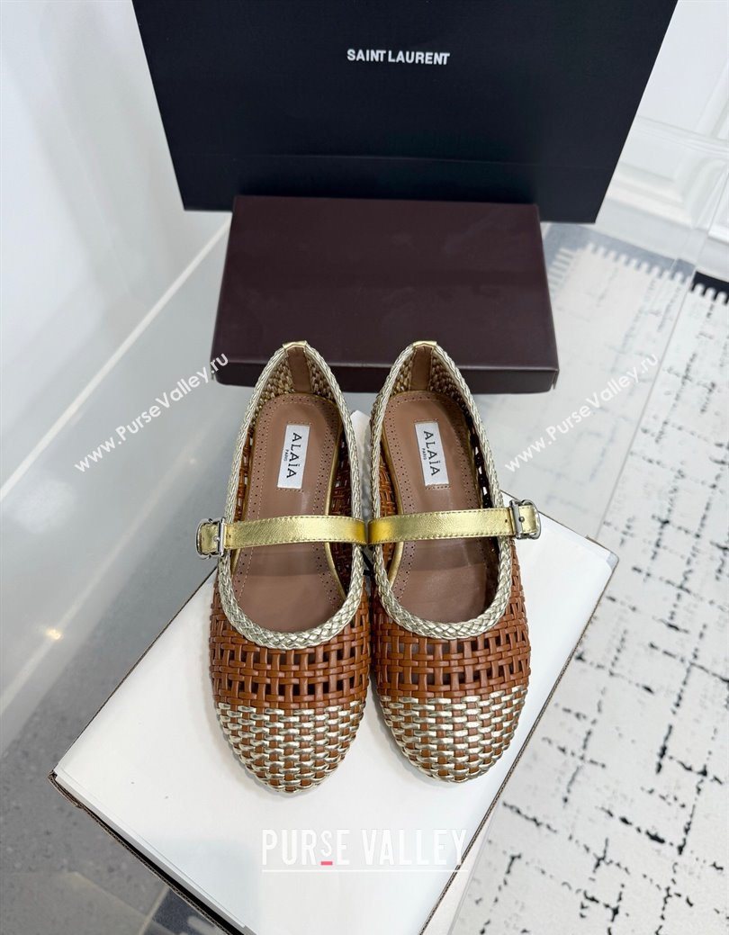 Alaia Ballet Flats in Woven Leather Brown/Gold 2025 AL070902 (KER-250827092)