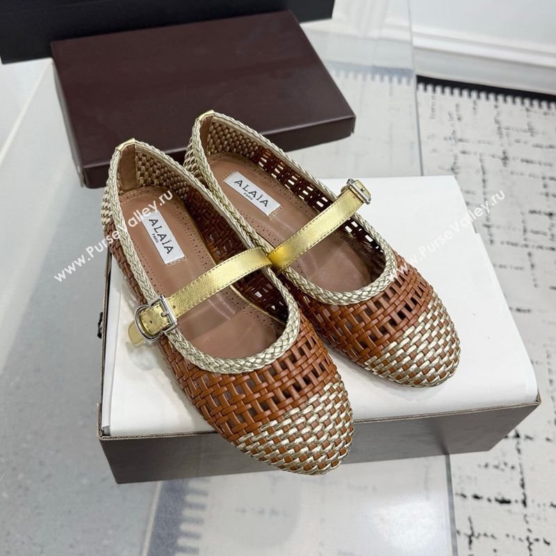 Alaia Ballet Flats in Woven Leather Brown/Gold 2025 AL070902 (KER-250827092)