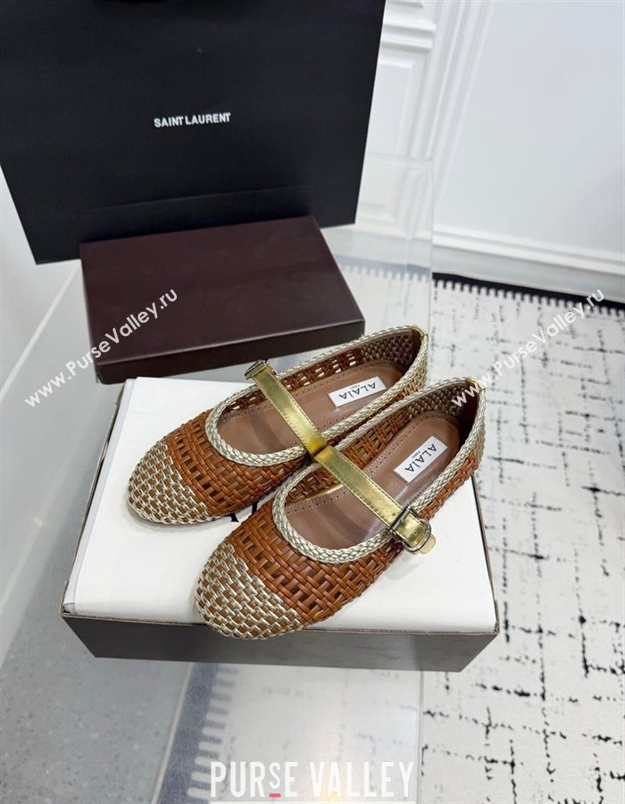 Alaia Ballet Flats in Woven Leather Brown/Gold 2025 AL070902 (KER-250827092)