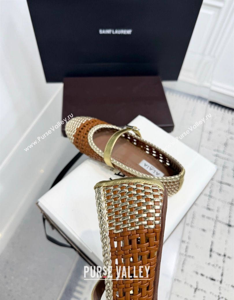 Alaia Ballet Flats in Woven Leather Brown/Gold 2025 AL070902 (KER-250827092)