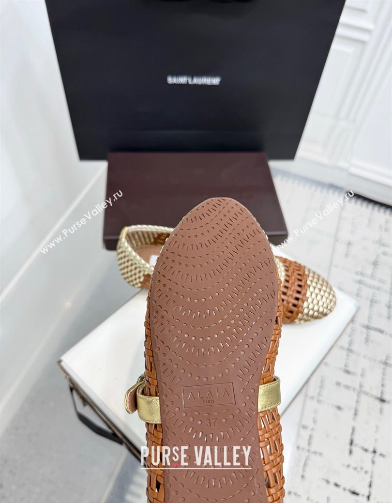 Alaia Ballet Flats in Woven Leather Brown/Gold 2025 AL070902 (KER-250827092)