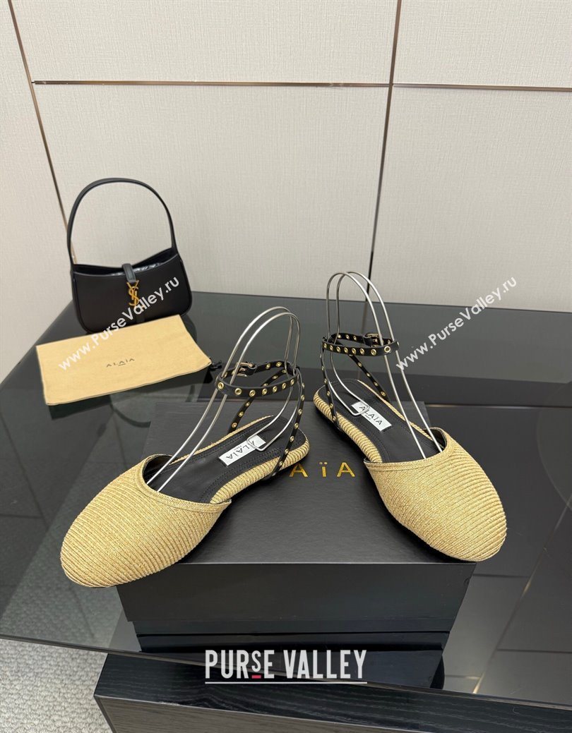 Alaia Flat Sandals with Ankle Strap in Paper Straw Beige 2025 AL082705 (MD-250827104)