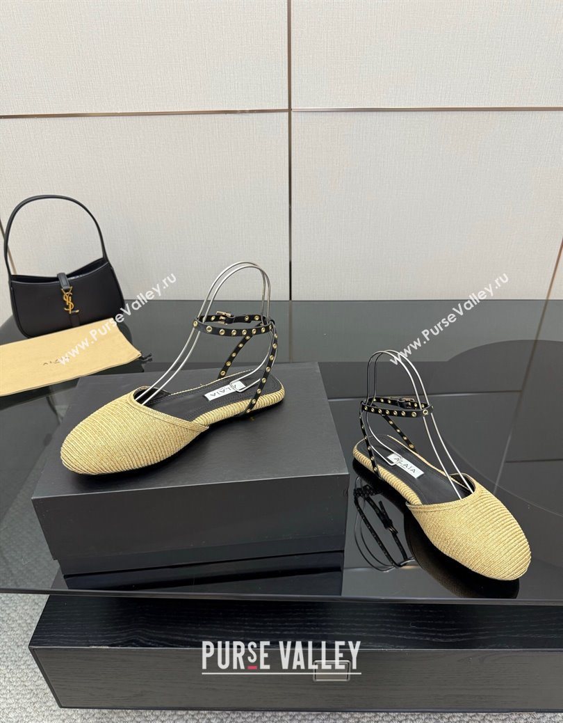 Alaia Flat Sandals with Ankle Strap in Paper Straw Beige 2025 AL082705 (MD-250827104)