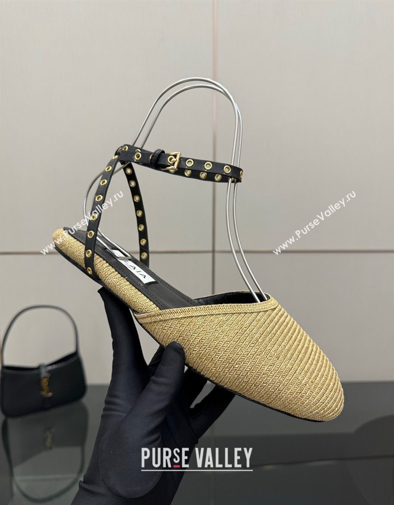 Alaia Flat Sandals with Ankle Strap in Paper Straw Beige 2025 AL082705 (MD-250827104)