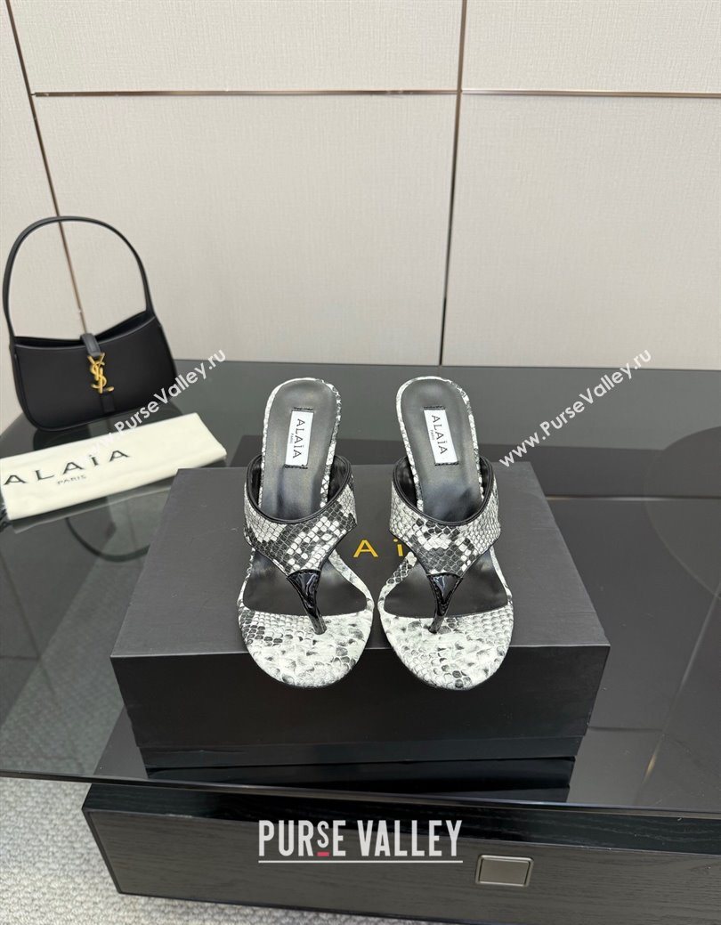 Alaia Heel Thong Slides Sandal 8cm in Snakeskin Like Grey 2025 AL082701 (MD-250827099)