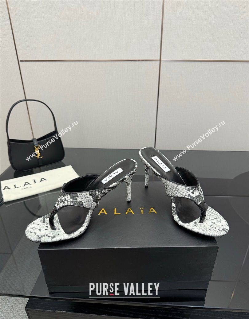 Alaia Heel Thong Slides Sandal 8cm in Snakeskin Like Grey 2025 AL082701 (MD-250827099)