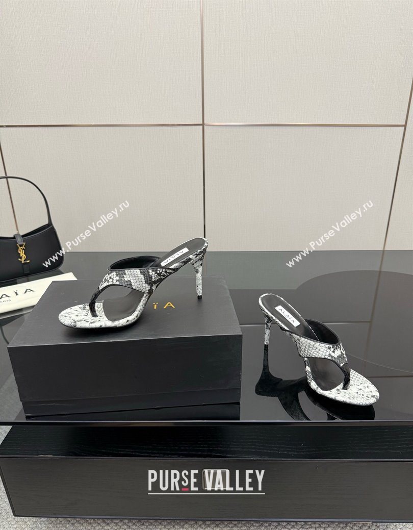 Alaia Heel Thong Slides Sandal 8cm in Snakeskin Like Grey 2025 AL082701 (MD-250827099)