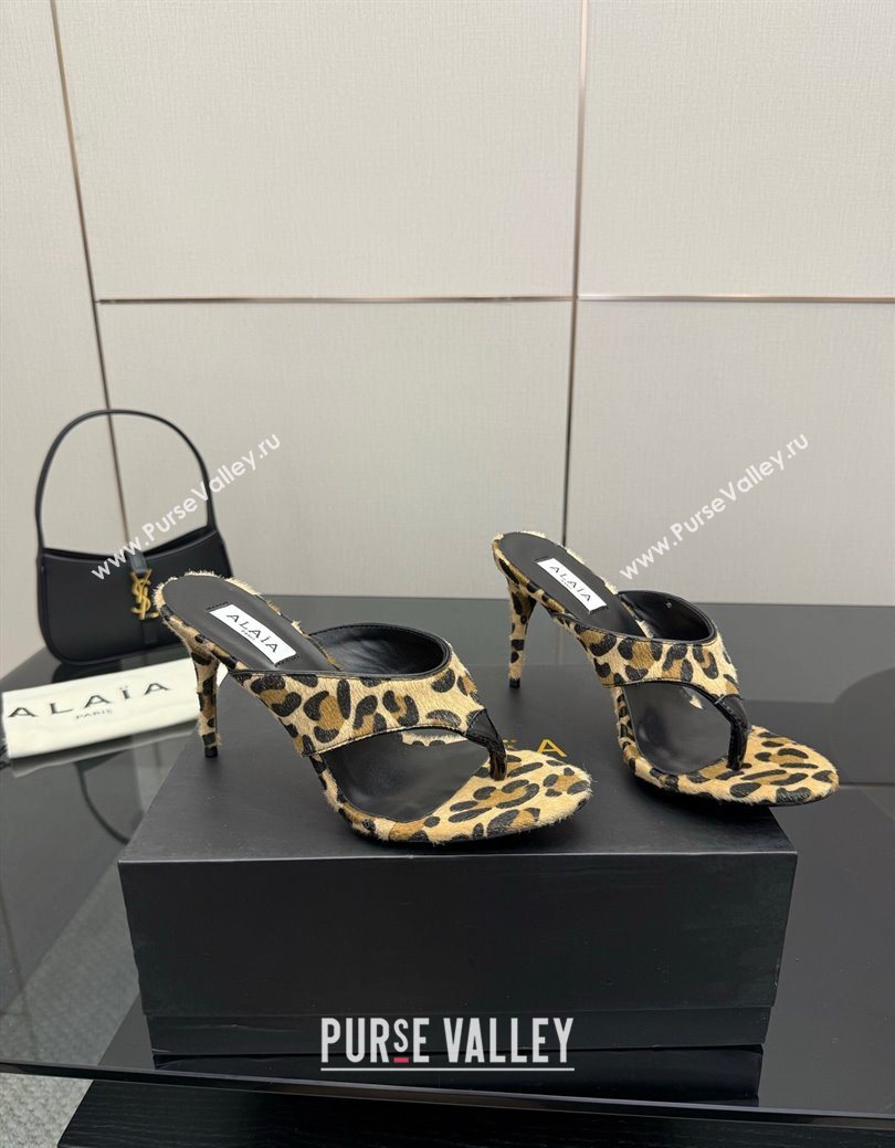 Alaia Heel Thong Slides Sandal 8cm in Leopard Print Mohair 2025 AL082701 (MD-250827100)