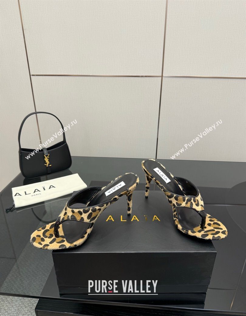 Alaia Heel Thong Slides Sandal 8cm in Leopard Print Mohair 2025 AL082701 (MD-250827100)