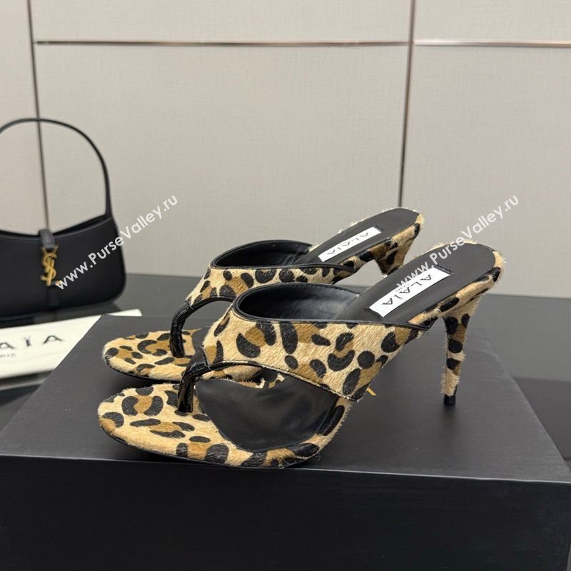 Alaia Heel Thong Slides Sandal 8cm in Leopard Print Mohair 2025 AL082701 (MD-250827100)