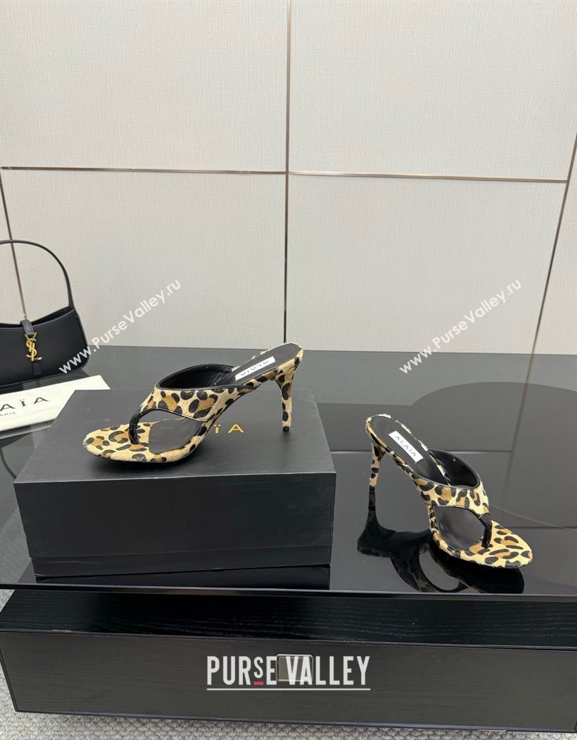Alaia Heel Thong Slides Sandal 8cm in Leopard Print Mohair 2025 AL082701 (MD-250827100)