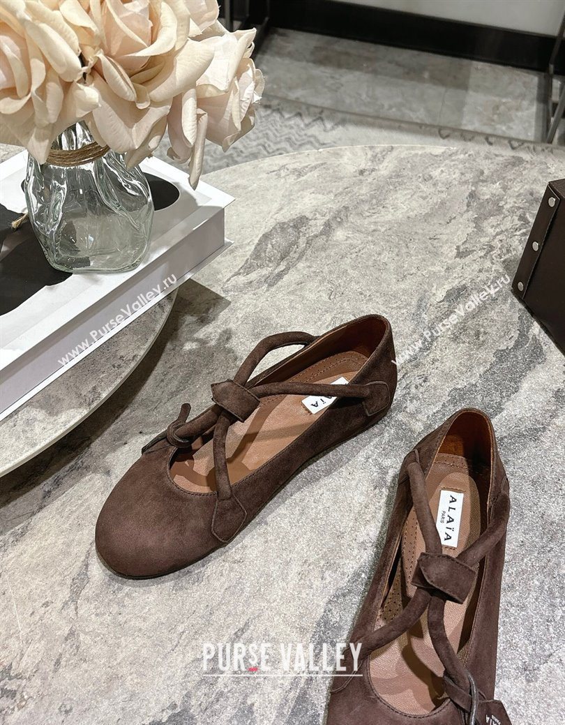 Alaia Le Teckel Ballet Flats in Suede with Cross Strap Brown 2025 AL102907 (KL-251029129)