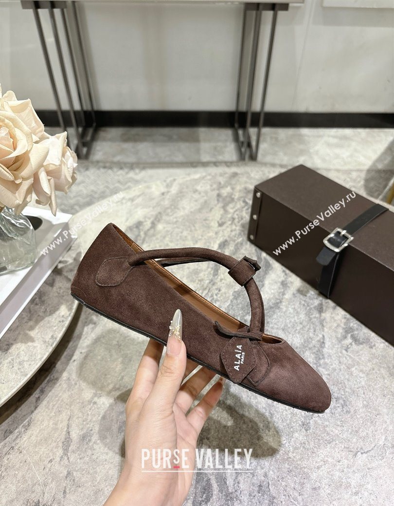 Alaia Le Teckel Ballet Flats in Suede with Cross Strap Brown 2025 AL102907 (KL-251029129)