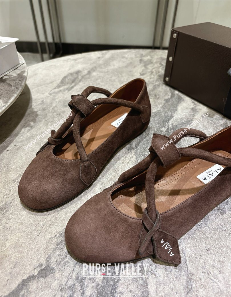 Alaia Le Teckel Ballet Flats in Suede with Cross Strap Brown 2025 AL102907 (KL-251029129)