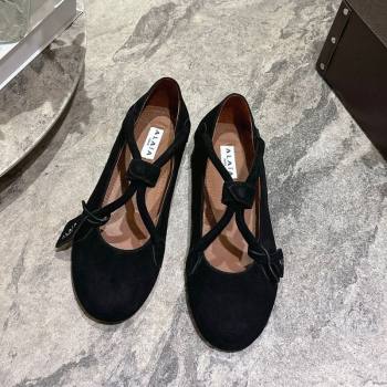 Alaia Le Teckel Ballet Flats in Suede with Cross Strap Black 2025 AL102907 (KL-251029130)