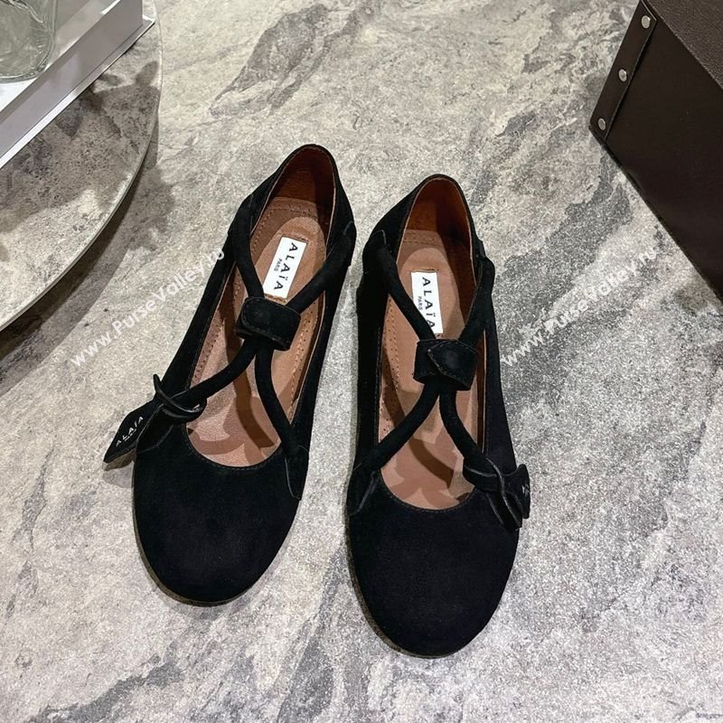 Alaia Le Teckel Ballet Flats in Suede with Cross Strap Black 2025 AL102907 (KL-251029130)