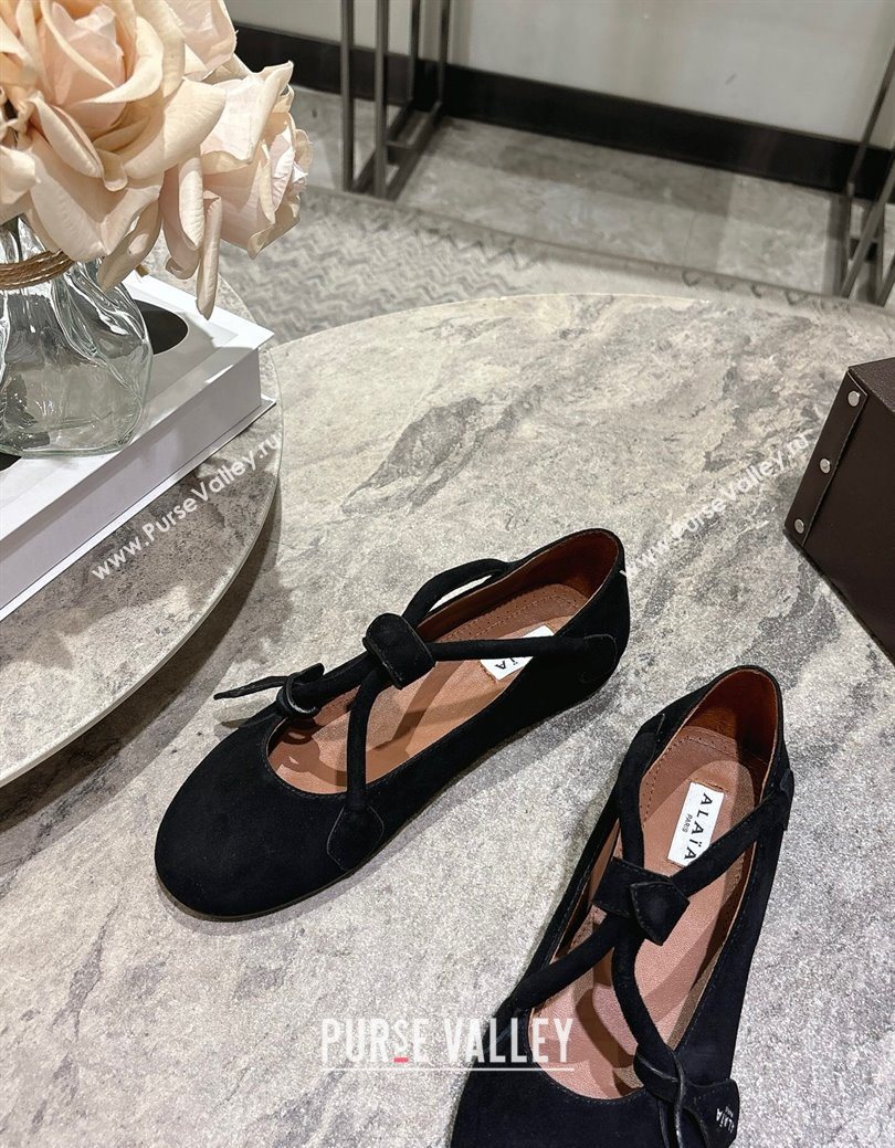 Alaia Le Teckel Ballet Flats in Suede with Cross Strap Black 2025 AL102907 (KL-251029130)