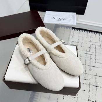 Alaia Ballet Flats in Suede and Shearling White 2025 AL102901 (KER-251029097)
