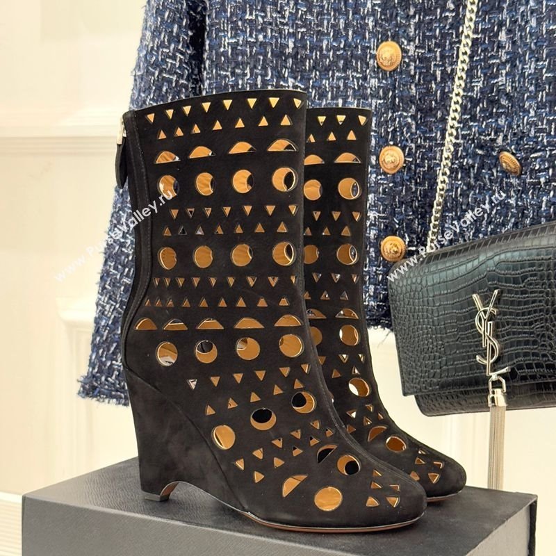 Alaia Openwork Suede Wedge Ankle Boots Black 2025 AL102906 (KL-251029124)