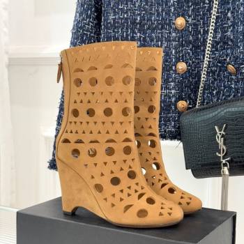Alaia Openwork Suede Wedge Ankle Boots Yellow 2025 AL102906 (KL-251029125)
