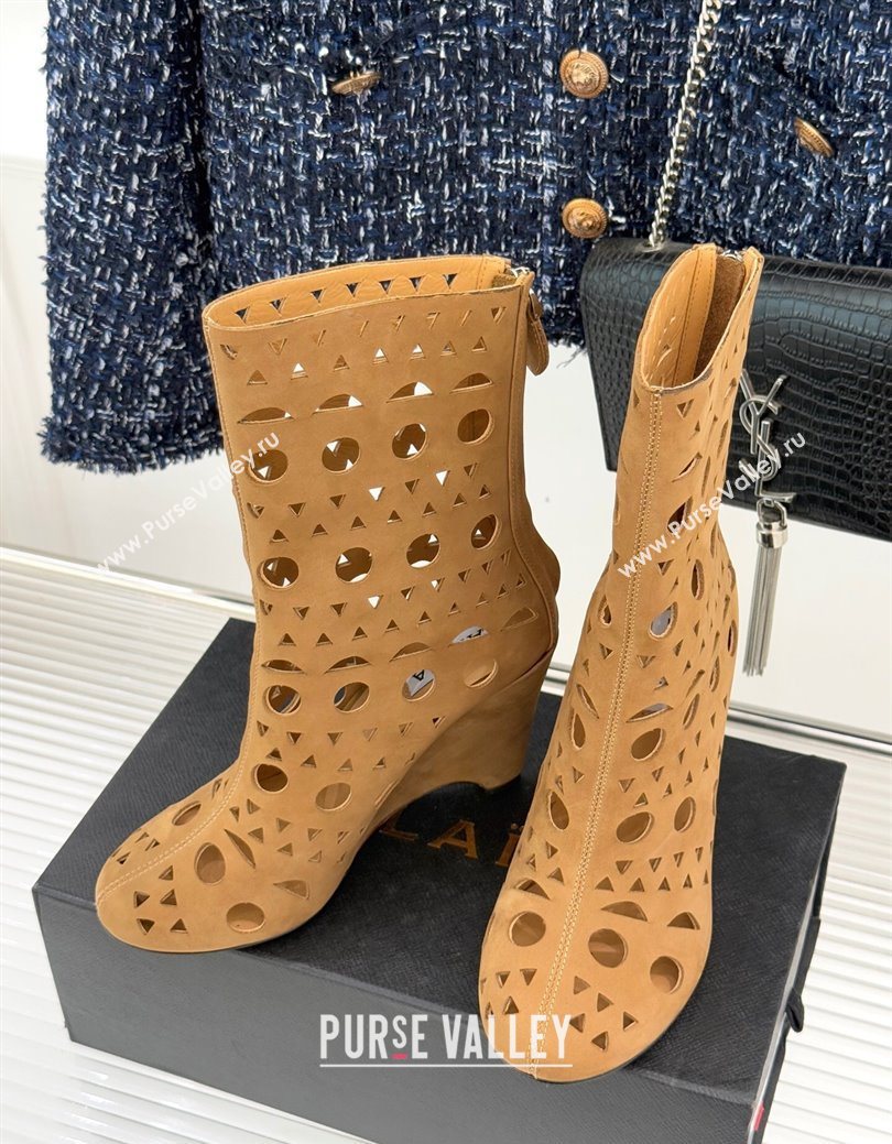Alaia Openwork Suede Wedge Ankle Boots Yellow 2025 AL102906 (KL-251029125)