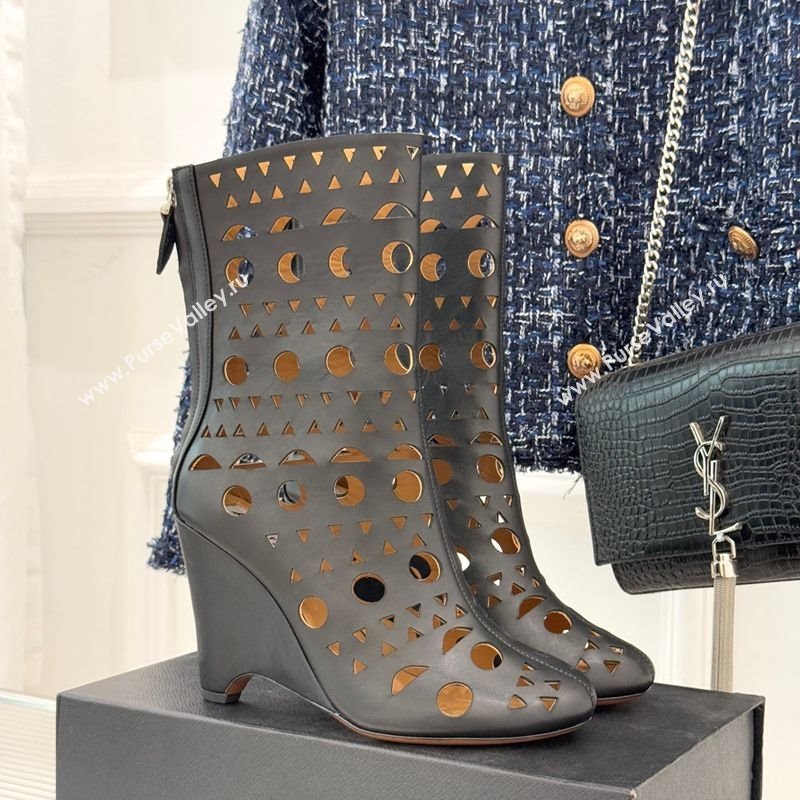 Alaia Openwork Calf Leather Wedge Ankle Boots Black 2025 AL102906 (KL-251029126)