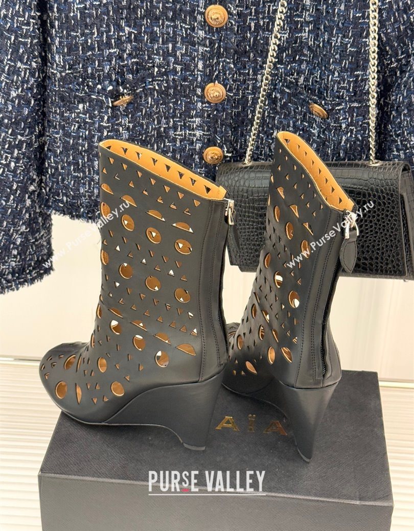 Alaia Openwork Calf Leather Wedge Ankle Boots Black 2025 AL102906 (KL-251029126)