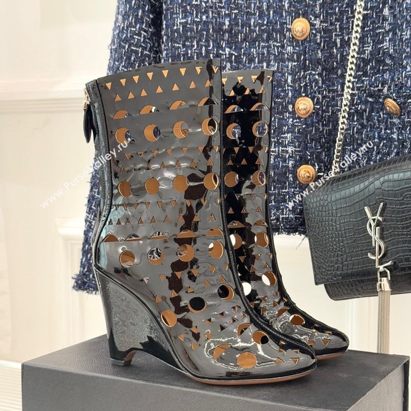 Alaia Openwork Pendant Leather Wedge Ankle Boots Black 2025 AL102906 (KL-251029127)