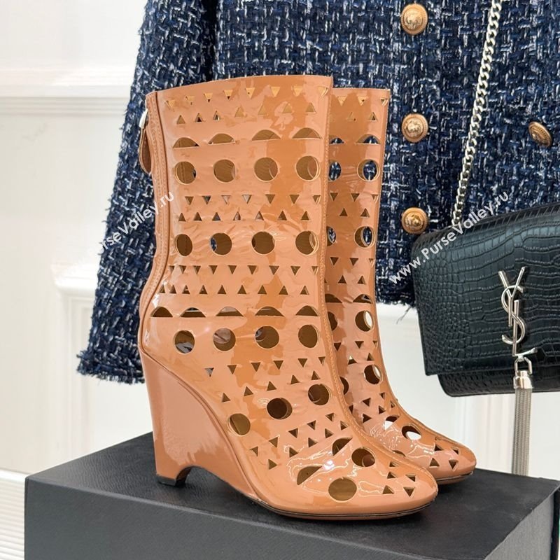 Alaia Openwork Pendant Leather Wedge Ankle Boots Brown 2025 AL102906 (KL-251029128)