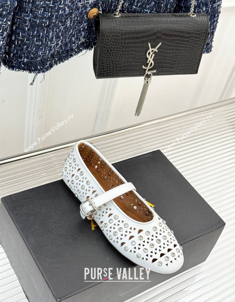 Alaia Ballet Flats in Openwork Leather with Eyelet with Strass White 2025 AL102910 (MD-251029141)
