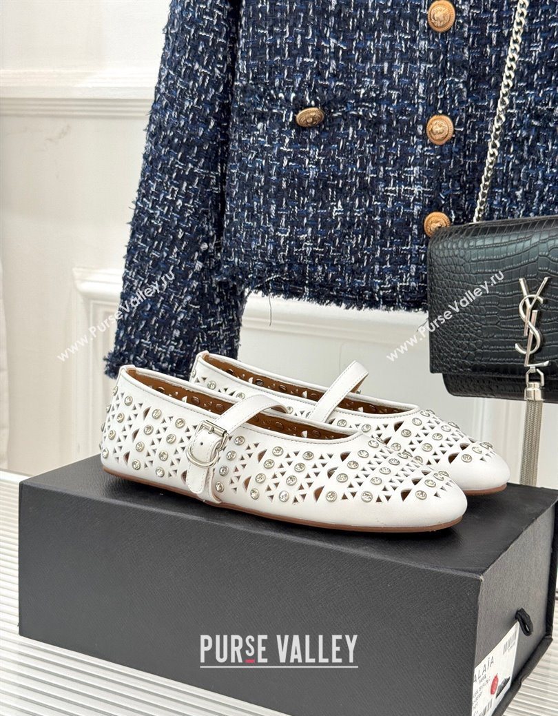 Alaia Ballet Flats in Openwork Leather with Eyelet with Strass White 2025 AL102910 (MD-251029141)