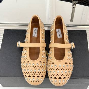 Alaia Ballet Flats in Openwork Leather with Eyelet with Strass Apricot 2025 AL102910 (MD-251029142)
