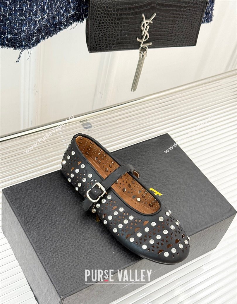 Alaia Ballet Flats in Openwork Leather with Eyelet with Strass Black 2025 AL102910 (MD-251029143)
