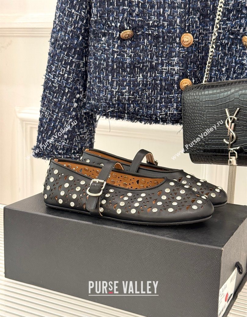 Alaia Ballet Flats in Openwork Leather with Eyelet with Strass Black 2025 AL102910 (MD-251029143)