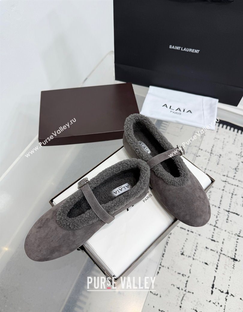 Alaia Ballet Flats in Suede and Shearling Dark Grey 2025 AL102901 (KER-251029099)
