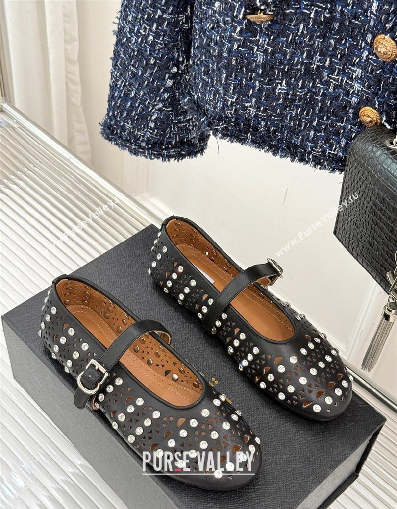 Alaia Ballet Flats in Openwork Leather with Eyelet with Strass Black 2025 AL102910 (MD-251029143)