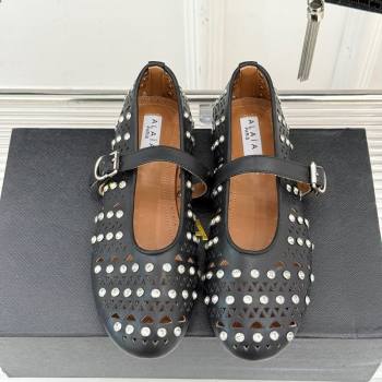 Alaia Ballet Flats in Openwork Leather with Eyelet with Strass Black 2025 AL102910 (MD-251029143)