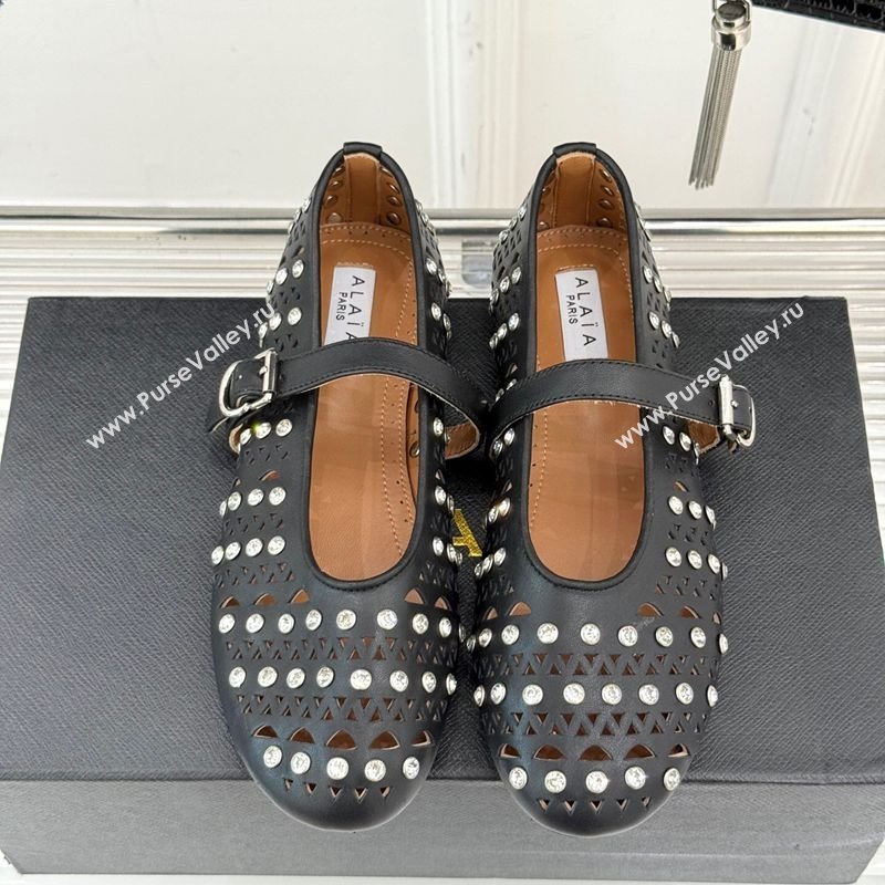Alaia Ballet Flats in Openwork Leather with Eyelet with Strass Black 2025 AL102910 (MD-251029143)