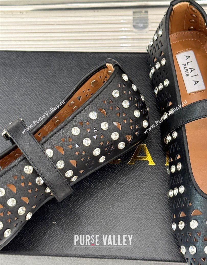 Alaia Ballet Flats in Openwork Leather with Eyelet with Strass Black 2025 AL102910 (MD-251029143)