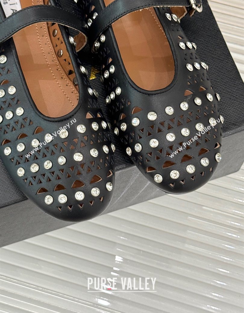 Alaia Ballet Flats in Openwork Leather with Eyelet with Strass Black 2025 AL102910 (MD-251029143)