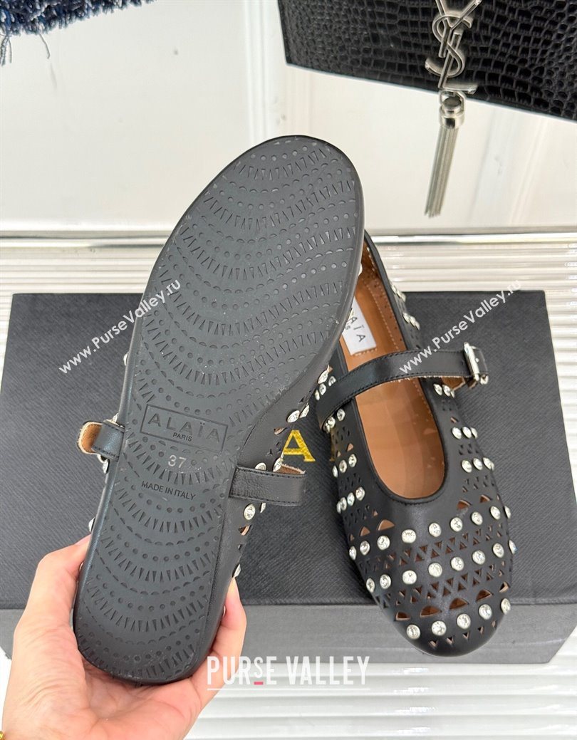 Alaia Ballet Flats in Openwork Leather with Eyelet with Strass Black 2025 AL102910 (MD-251029143)
