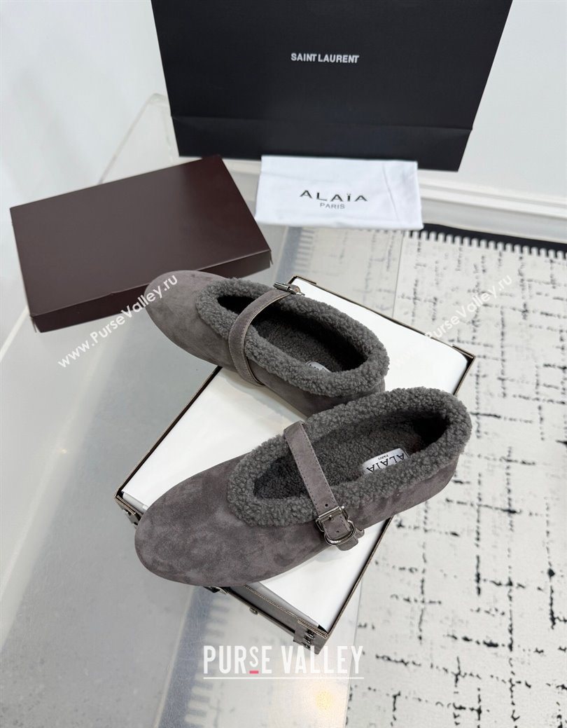 Alaia Ballet Flats in Suede and Shearling Dark Grey 2025 AL102901 (KER-251029099)